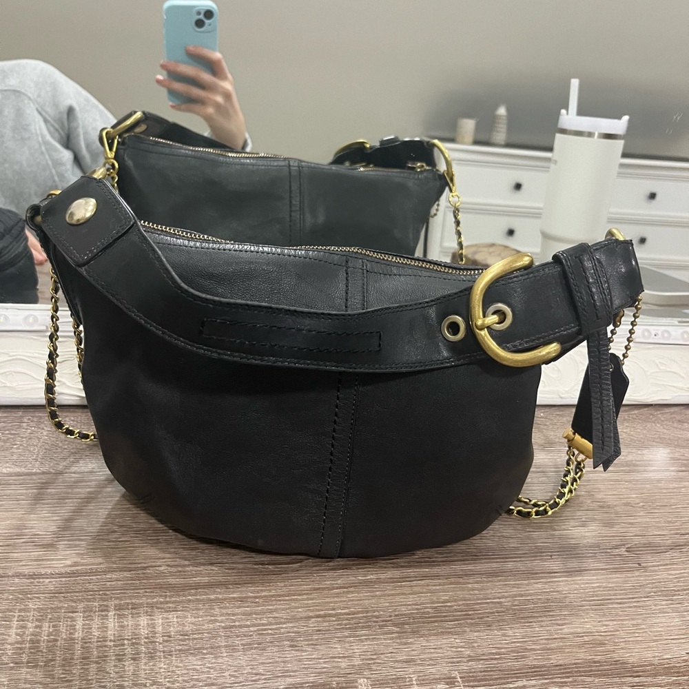 Coach Large Black Leather Hobo Bag with Brass Hardware